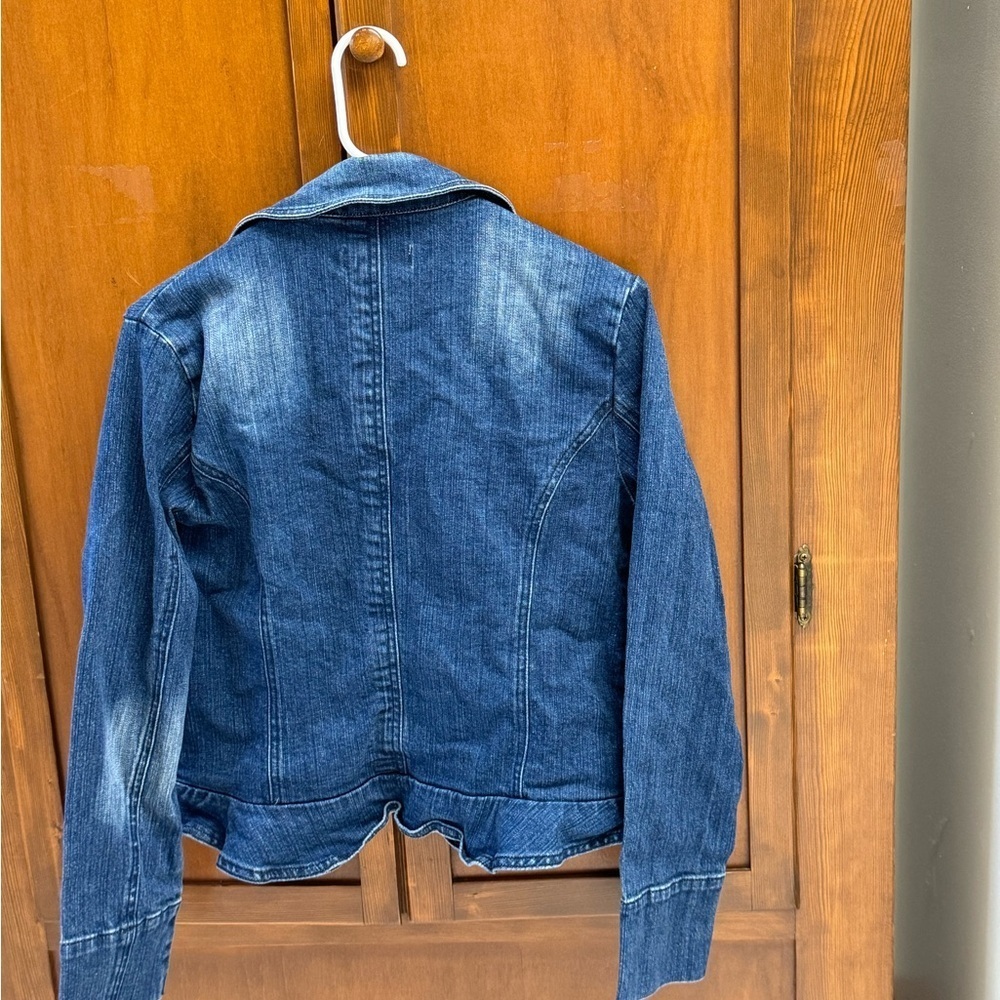 RICKI’s denim jean blazer trucker jacket ruffle hem MED 18-19 pit L20 in - Picture 2 of 5